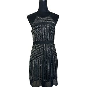 Parker Taha Silk Sequin Dress Halter Neck Sleeveless‎ Party Cocktail Black